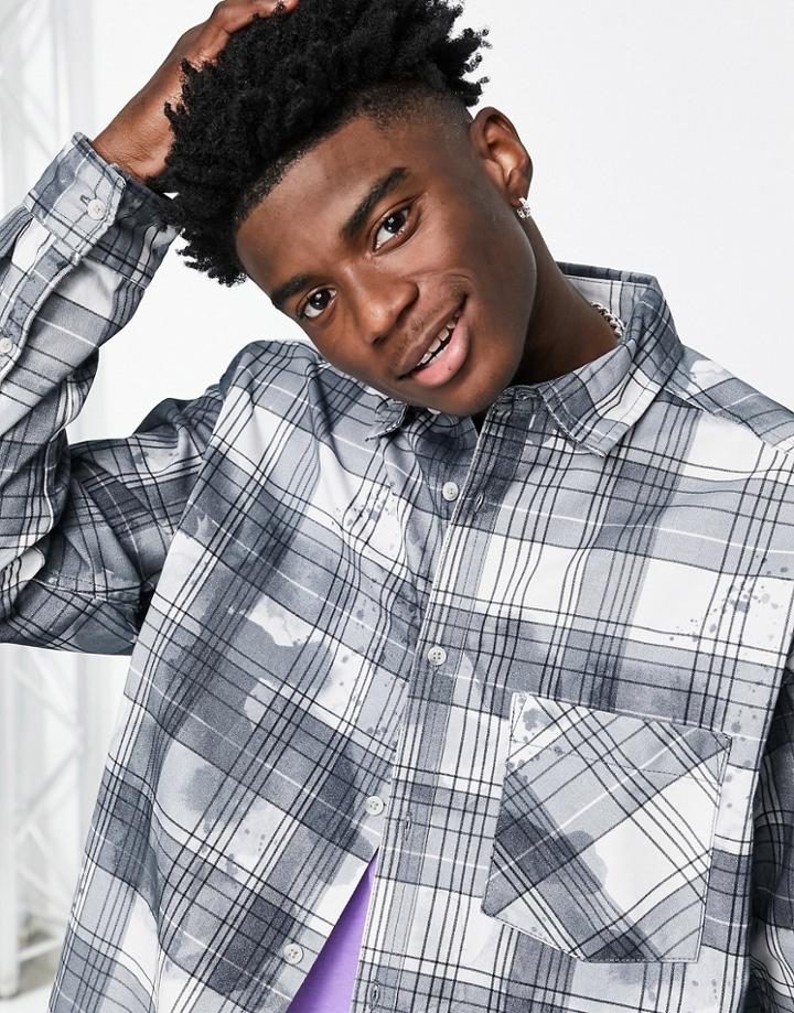 Topman Bleach Effect Checked Shirt In Gray-grey