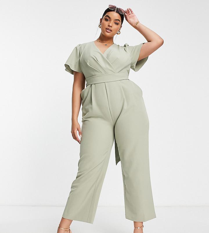 Ever New Curve Flutter Sleeve Jumpsuit In Soft Khaki-green