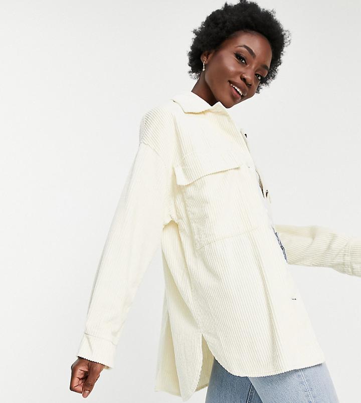 Asos Design Tall Oversized Corduroy Shacket In Cream-white
