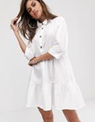 Asos Design Button Through Tiered Mini Smock Dress-white