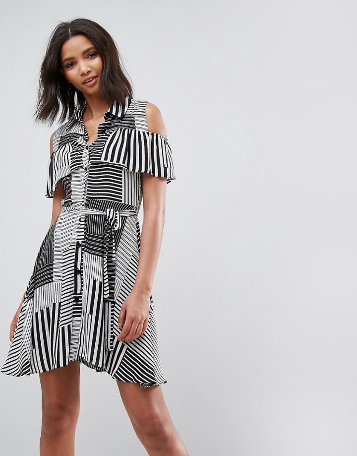 Liquorish Ruffle Front Cold Shoulder Dress In Mix Stripe - Black