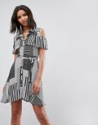 Liquorish Ruffle Front Cold Shoulder Dress In Mix Stripe - Black