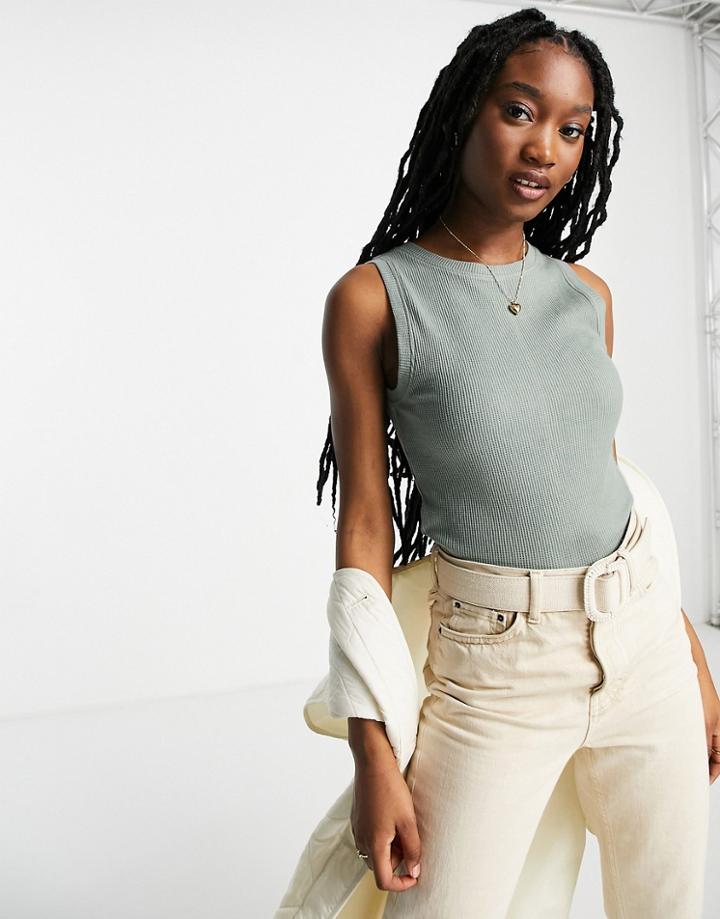 Asos Design Tank Top In Waffle In Khaki-green