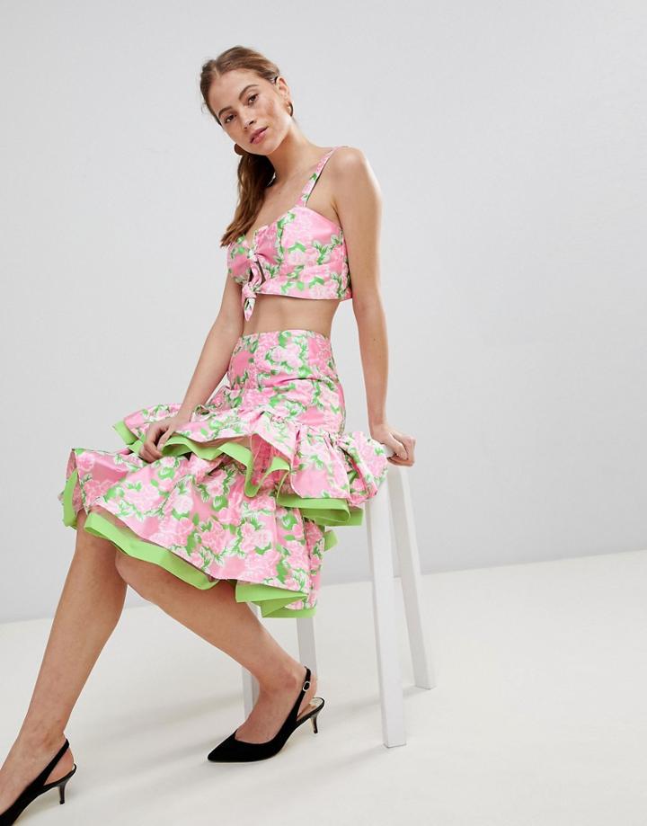 Asos Design Midi Skirt With Double Ruffle In Floral Jacquard Two-piece - Multi