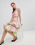Asos Design Midi Skirt With Double Ruffle In Floral Jacquard Two-piece - Multi