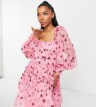 Lace & Beads Exclusive Square Neck Tiered Mini Dress In Pink And Red Heart