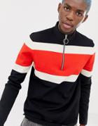 Collusion Sweater With Half Zip In Color Block Stripe - Black