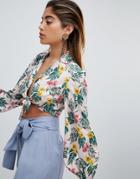 Fashion Union Tie Front Shirt In Tropical Print - Multi