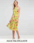 Asos Tall Bright Floral Pleated Midi Skater Dress - Blue