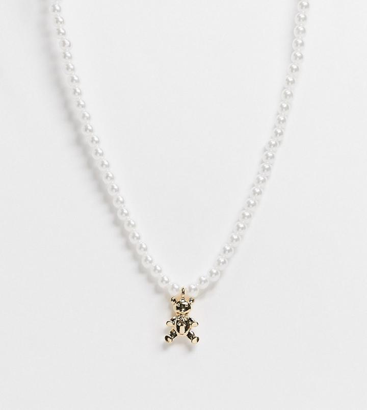 Asos Design Curve Necklace With Pearl And Teddy Bear Charm In Gold Tone