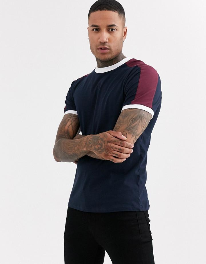 Asos Design T-shirt With Contrast Shoulder Panel In Navy