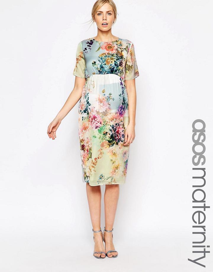 Asos Maternity Salon Midi T-shirt Dress In Floral Print - Multi