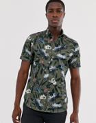 Ted Baker Short Sleeve Shirt In Khaki With Kingfisher Print-green