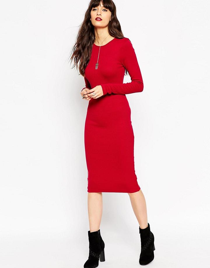 Asos Midi Body-conscious Dress With Long Sleeves In Rib - Multi