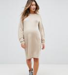 Asos Maternity Knitted Dress With Crew Neck In Fluffy Yarn - Stone
