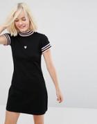 Lazy Oaf Fitted T-shirt Dress With Sports Tipping And Tiny Heart - Black