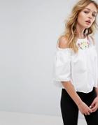 Pull & Bear Cold Shoulder And Embroidered Top - White
