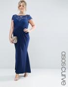 Asos Curve Wedding Pleated Maxi Dress With Lace Top - Navy