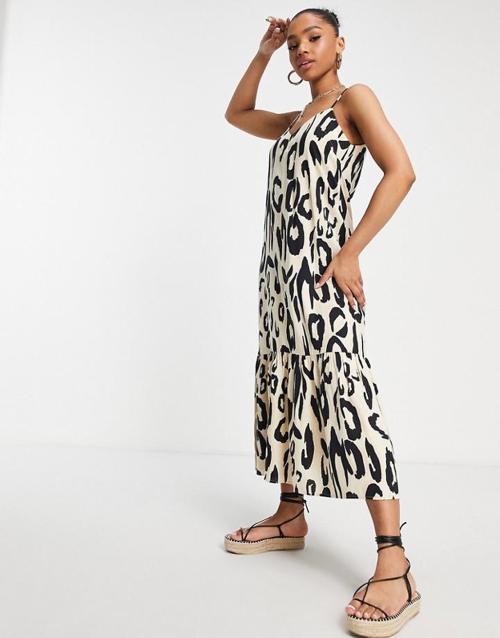 Miss Selfridge Strappy Frill Hem Midi Sundress In Oversized Animal-brown