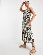 Miss Selfridge Strappy Frill Hem Midi Sundress In Oversized Animal-brown