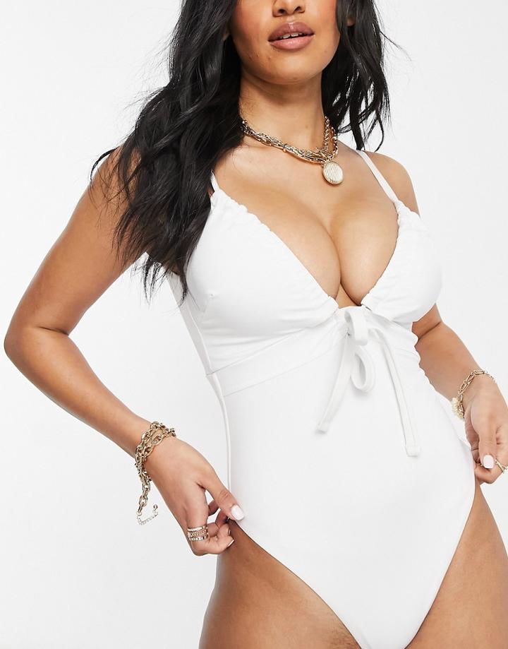 Asos Design Fuller Bust Recycled Ruched Tie Swimsuit In White