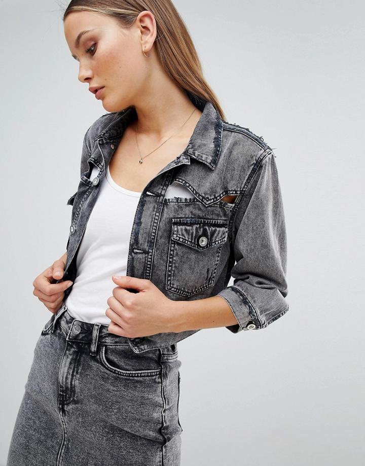 Diesel Cropped Acidwash Denim Jacket With Rips - Black