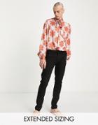 Asos Design Satin Shirt With Pussybow Tie Neck And Blouson Sleeves In 70s Geo-pink