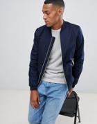 Asos Design Bomber Jacket With Dual Zip Opening In Navy - Navy