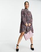 Pieces High Neck Smock Dress In Bright Floral-multi