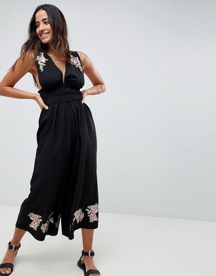 Asos Design Ruched Waist Plunge Jumpsuit With Embroidery-black