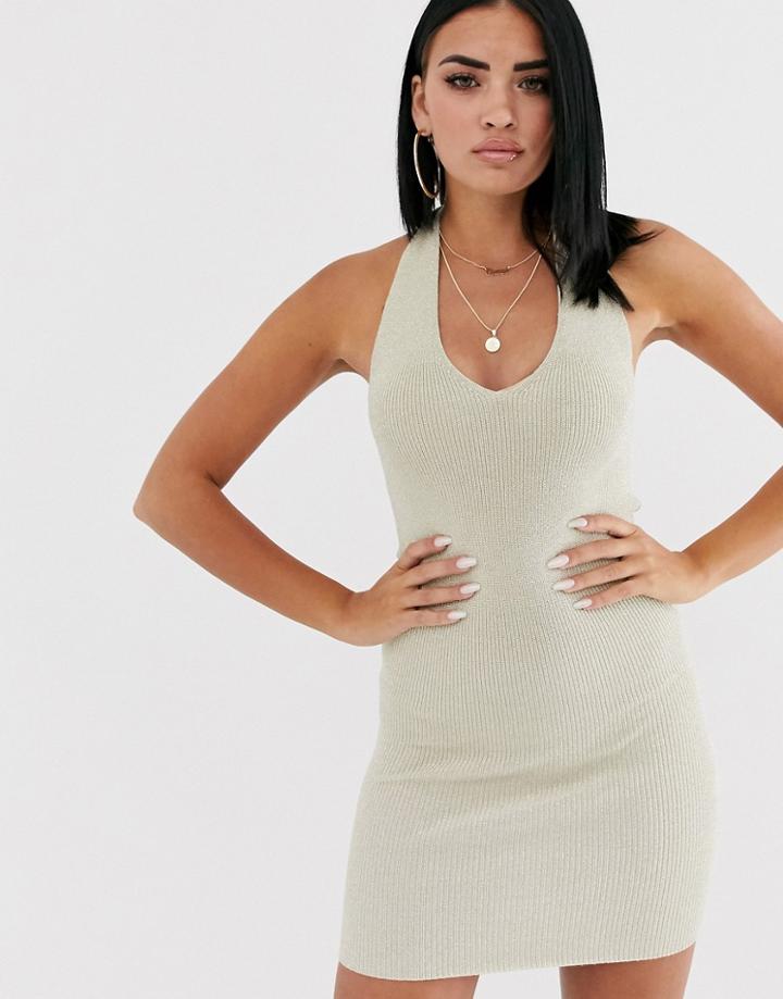 Asos Design Metallic Knit Halter Dress - Gold