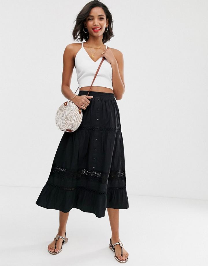Asos Design Prairie Midi Skirt With Lace Inserts-multi