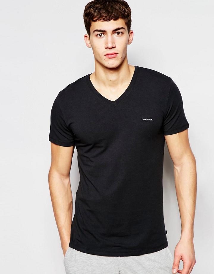 Diesel Logo V-neck T-shirt In Regular Fit - Black
