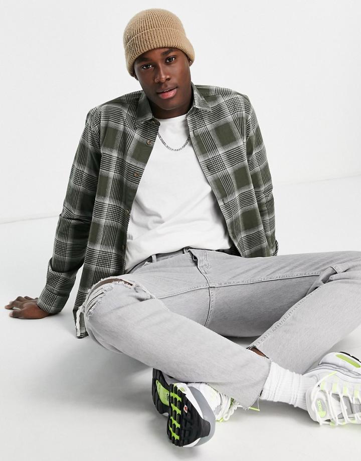 Only & Sons Brushed Check Shirt In Khaki-green