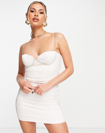 Femme Luxe Crystal Strap Fitted Mini Dress In Cream-white
