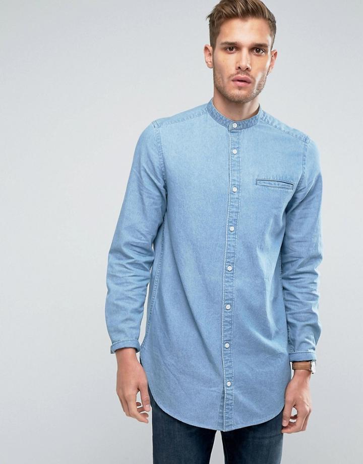 Asos Regular Fit Denim Shirt In Super Longline With Grandad Collar In Mid Wash - Blue