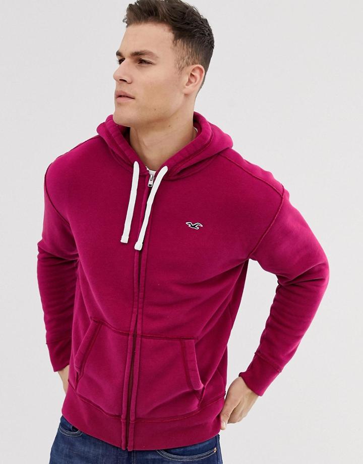Hollister Chest Logo Full Zip Hoodie In Burgundy - Red
