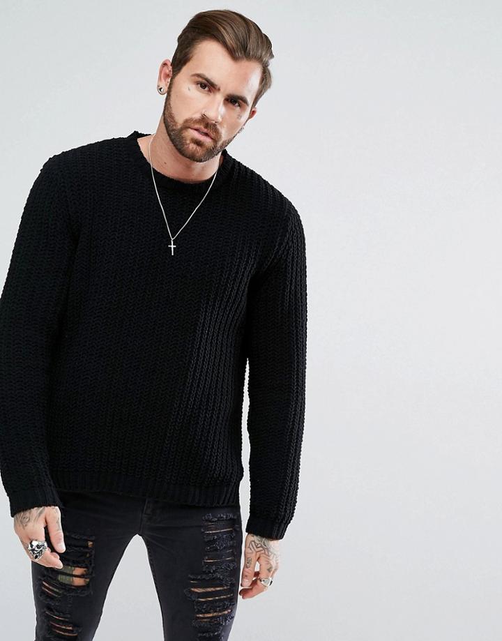 Asos Textured Chenille Sweater In Black With Side Splits - Black
