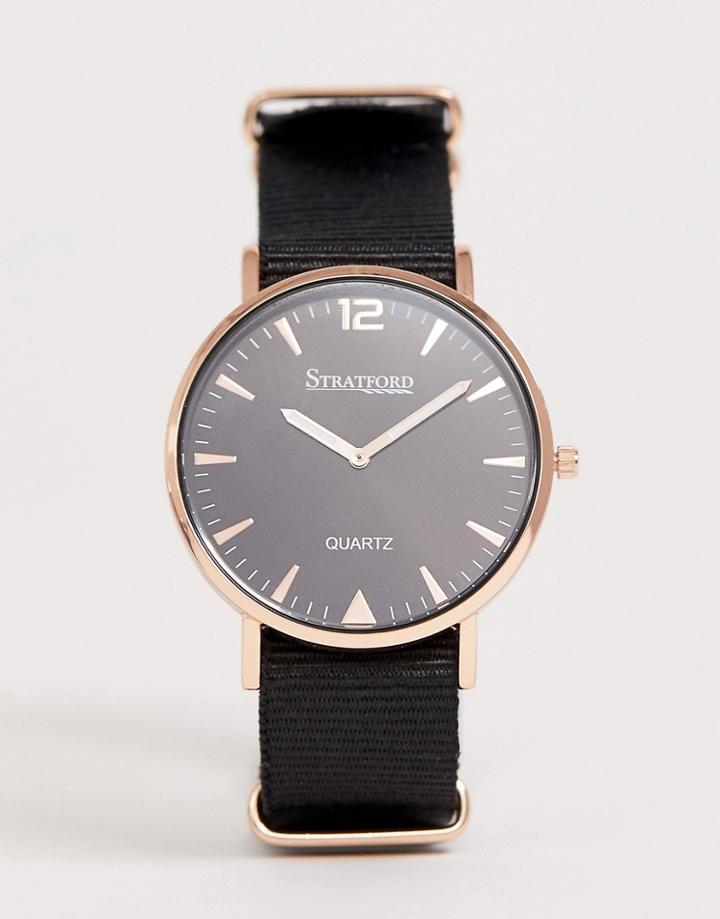Stratford Mens Black Strap Watch With Rose Gold Tone Case - Black