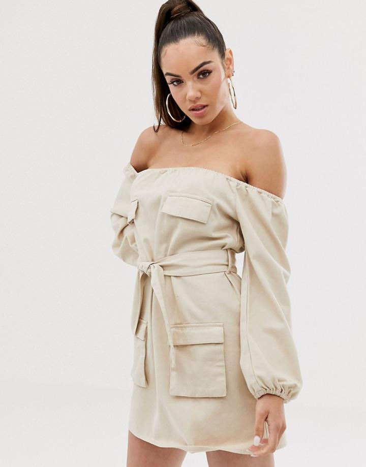 Asos Design Denim Off Shoulder Utility Dress - Beige