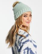 Boardmans Cable Knit Faux Fur Pom Beanie In Mint-green