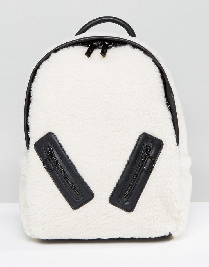 Skinnydip Faux Shearling Backpack With Zip Detail - Cream