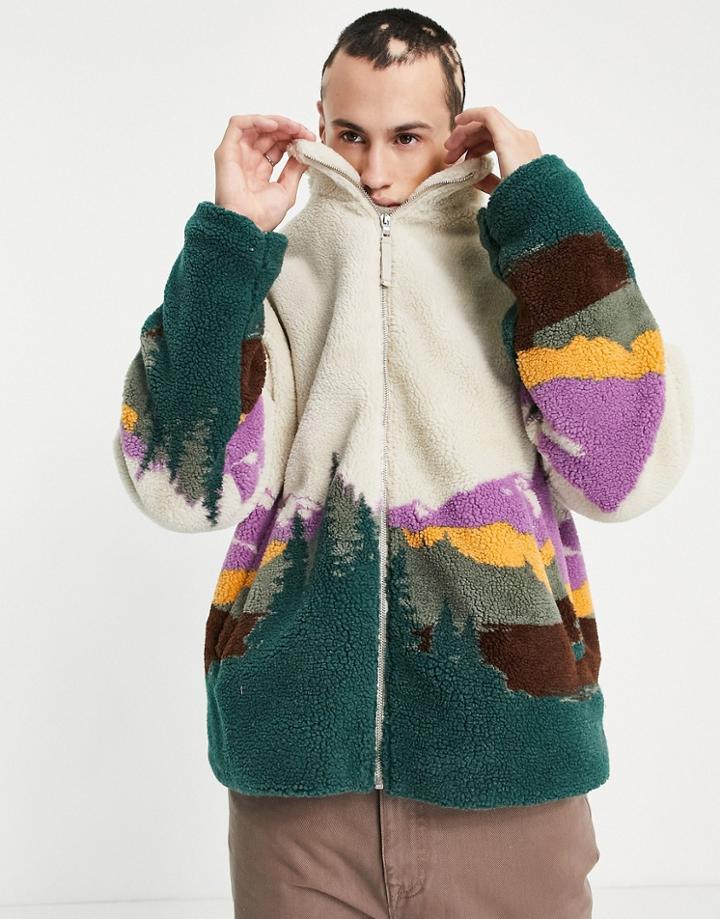 Asos Design Oversized Borg Jacket In Scenic Print-grey