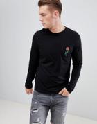 Asos Design Long Sleeve T-shirt With Rose Print Pocket - Black