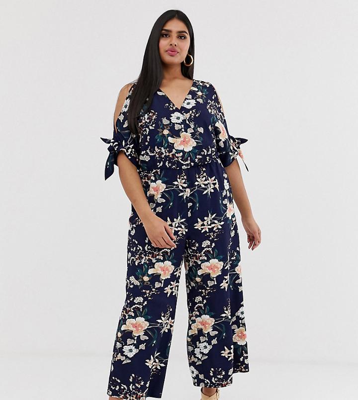 Simply Be Cold Shoulder Jumpsuit In Navy Floral - Multi