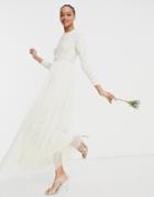 Maya Bridal Long Sleeved Maxi Dress With Delicate Sequin And Tulle Skirt In Ecru-white