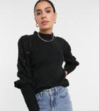 Asos Design Tall Sweater With Pointelle Sleeves And Neck Detail In Black