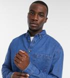 Asos Design Tall 90s Oversized Denim Shirt In Mid Wash Blue-blues