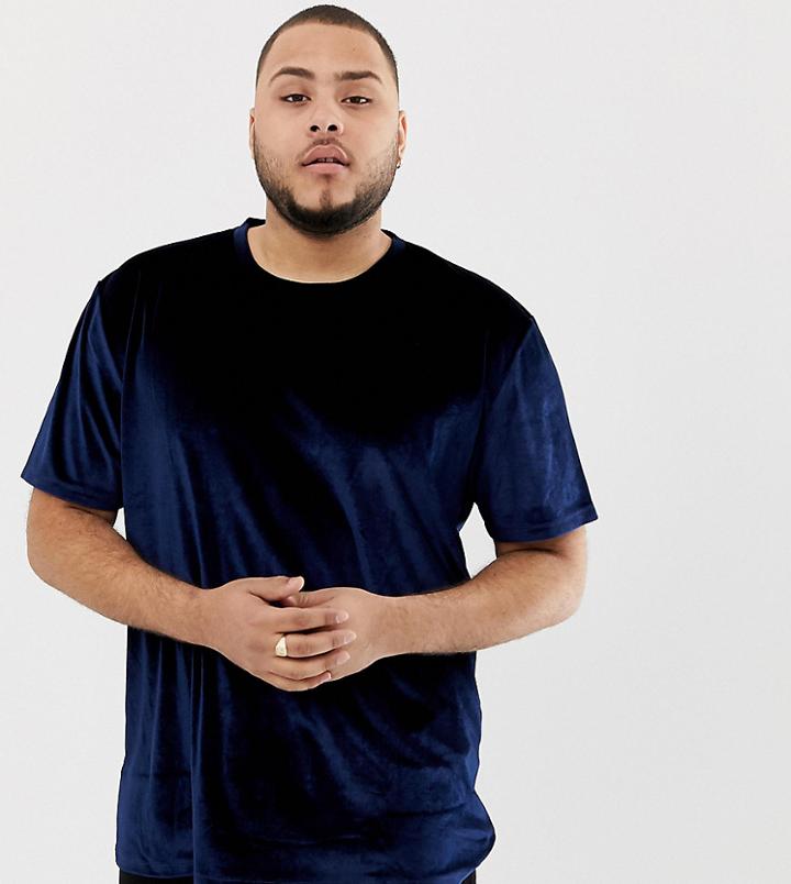Asos Design Plus Relaxed Longline Velour T-shirt In Navy - Navy