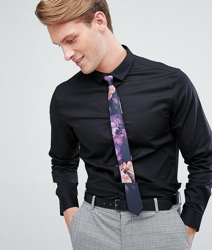 Asos Slim Shirt In Black With Floral Tie Save - Black